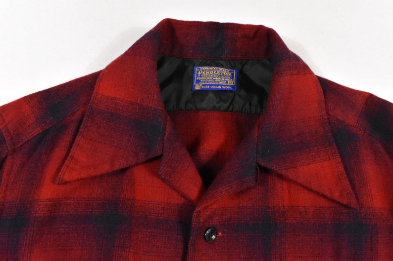 60s Pendleton Medium Loop Collar Shadow Plaid Wool Red Board Shirt Camp Men/'s Vintage Made In USA