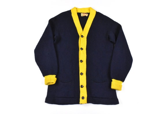 50s Cardigan Sweater Medium Two-Tone Knit Wool Yel