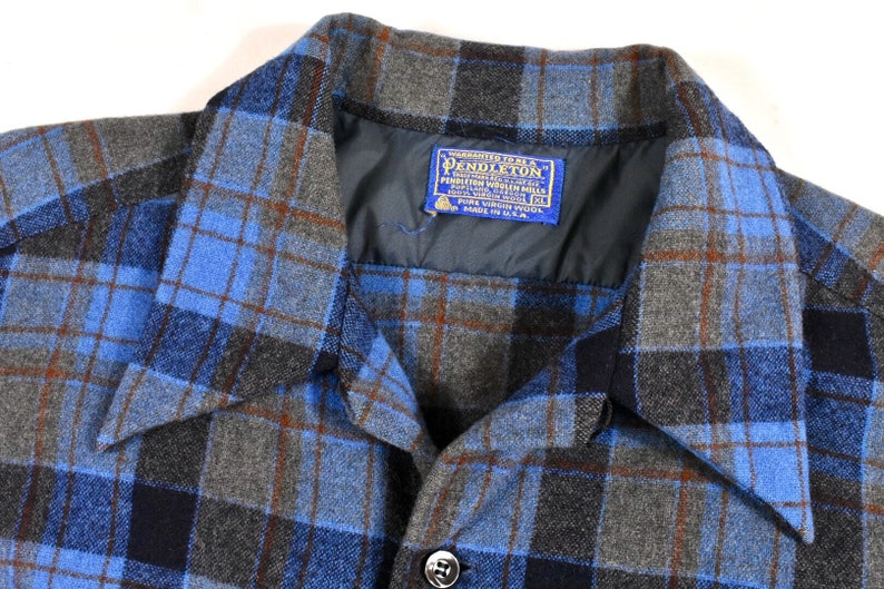 70s Pendleton Large Loop Collar Blue Gray Plaid Tartan Wool Board Shirt Camp Men/'s Vintage Made In USA