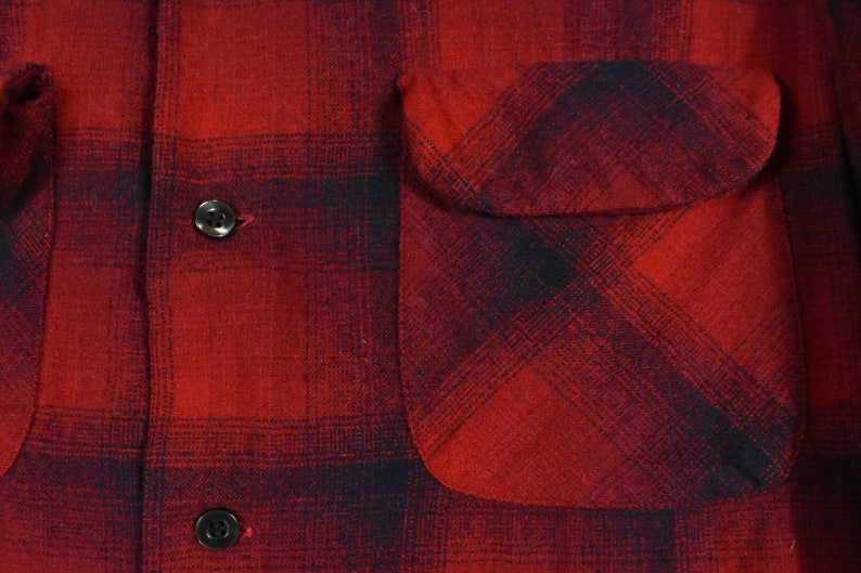 60s Pendleton Medium Loop Collar Shadow Plaid Wool Red Board Shirt Camp Men/'s Vintage Made In USA