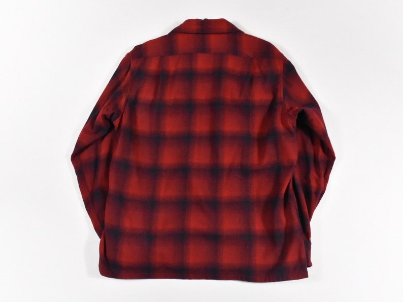 60s Pendleton Medium Loop Collar Shadow Plaid Wool Red Board Shirt Camp Men/'s Vintage Made In USA