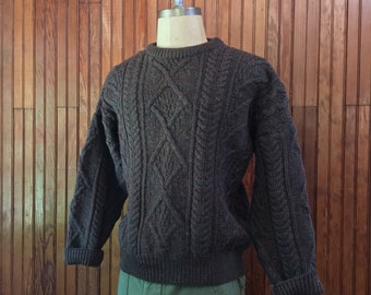 Irish Aran Large Wool Cable Knit Chunky Sweater Fisherman Men's Vintage Made In Ireland Brown Quill's Woolen Market