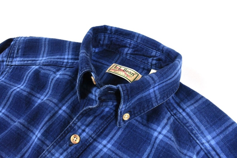 LL Bean XS Cotton Indigo Work Shirt Flannel Blue Plaid Men/'s Vintage Made In USA