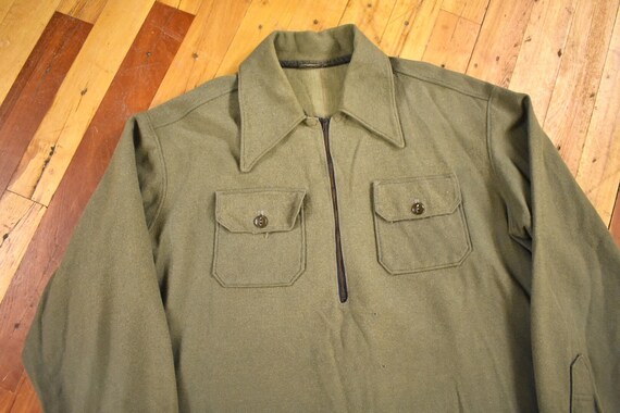 50s Wool Shirt Large Popover Half Zip Olive Drab V