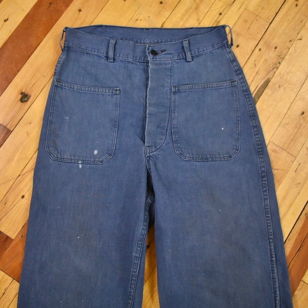 60s Denim Sailor Pants Size 28 x 30 Faded Vat Dye U.S. Navy Jeans Vintage