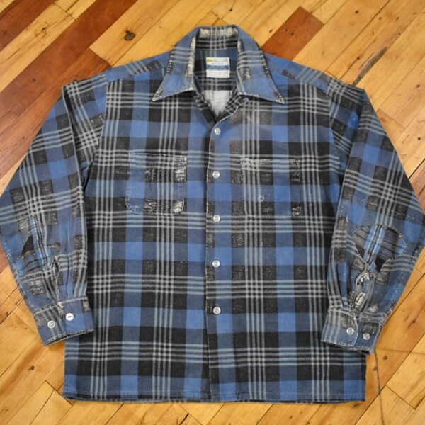 60s 70s Grant’s Cotton Flannel Size Medium Shirt Plaid Vintage Loop Collar