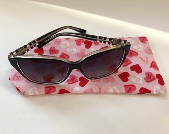 Valentines Day Sunglass Case, Soft Glasses Case, Glasses Protector, Red, Pink and White Conversation Hearts