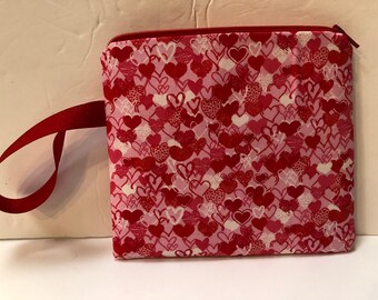Almost Square! Notions Bag, Notions Pouch, Phone purse, Makeup Bag, Clutch, Small Hand Bag, Pink Hearts, Valentine