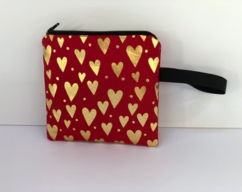 Almost Square! Notions Bag, Notions Pouch, Phone purse, Makeup Bag, Clutch, Small Hand Bag, Golden Hearts, Valentine, Love, Hearts