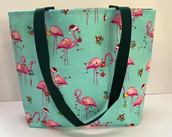 Knitting Project Bag, Christmas, Scarf Bag, Project Bag, Tote, WIP Bag, Winter Project Bag, Christmas Pink Flamingos