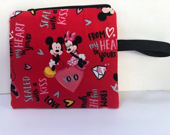 Almost Square! Notions Bag, Notions Pouch, Phone purse, Makeup Bag, Clutch, Small Hand Bag, Minnie and Mickey, Valentine, Love, Hearts