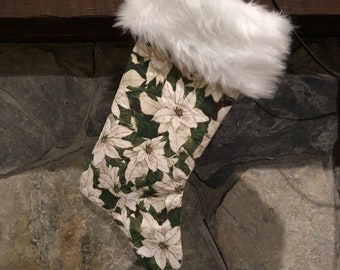 Christmas Stocking - Handmade Christmas Stocking, Handmade Christmas Decor, Holiday Decor, White Poinsettia