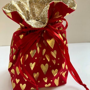 Knitting Project Bag, Sock Project Bag, Small Knitting Project Bag, Crochet Project Bag, Drawstring Bag, Valentines Day, Gold Hearts