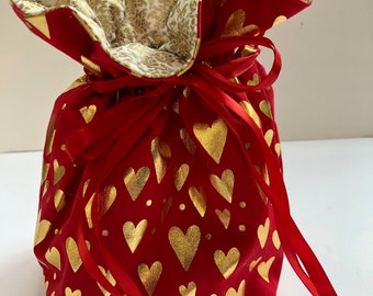 Knitting Project Bag, Sock Project Bag, Small Knitting Project Bag, Crochet Project Bag, Drawstring Bag, Valentines Day, Gold Hearts