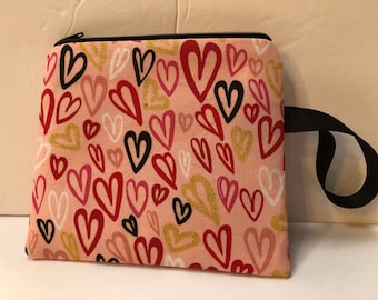 Almost Square! Notions Bag, Notions Pouch, Phone purse, Makeup Bag, Clutch, Small Hand Bag, Gold, Black, Red, Pink, White Hearts, Valentine