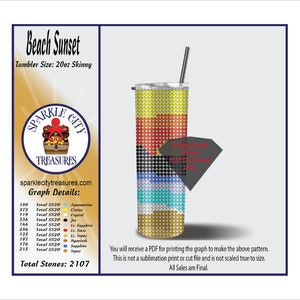 Puede incluir: Un vaso skinny de 20 onzas con un diseño de puesta de sol en la playa. El vaso está hecho de acero inoxidable y tiene un patrón colorido de amarillo, naranja, rojo, negro, azul y turquesa. El vaso está decorado con diamantes de imitación de varios colores. La imagen incluye un gráfico con el número total de piedras utilizadas en el diseño, que es 2107. El texto "Beach Sunset" y "Sparkle City Treasures" también está incluido en la imagen.