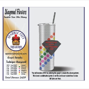 May include: A 20 ounce skinny tumbler with a diagonal flower pattern in shades of pink, blue, green, yellow, and white. The tumbler is made of stainless steel and has a black straw. The image also includes text that says "Diagonal Flowers" and "Sparkle City Treasures".