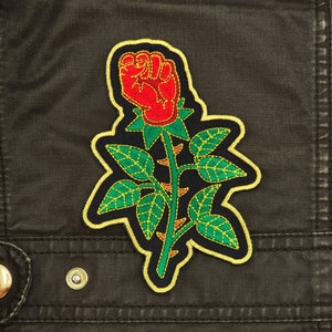 Rose Fist - 5&quot; Embroidered Iron-On Patch with Gold Thread