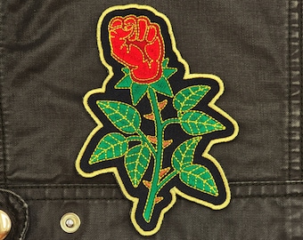 Rose Fist - 5" Embroidered Iron-On Patch with Gold Thread