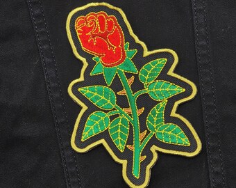 Rose Fist - 5" Embroidered Iron-On Patch with Gold Thread