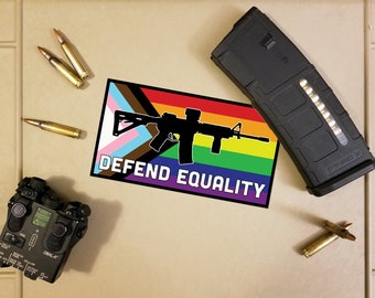 AR-15 Defend Equality Progress Pride Flag and Rifle Decal/Sticker
