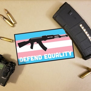 AK-47 Defend Equality Transgender Pride Flag and Rifle Decal/Sticker
