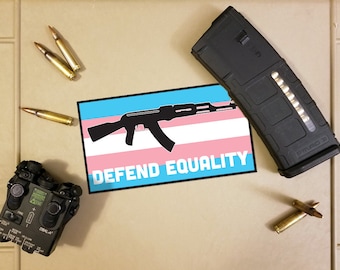 AK-47 Defend Equality Transgender Pride Flag and Rifle Decal/Sticker