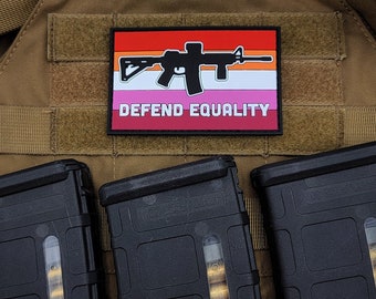 AR-15 Defend Equality Lesbian Pride Flag and Rifle - PVC Patch with Hook and Loop Backing