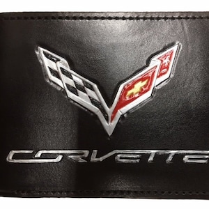 Cartera con diseño para Corvette C7/C8/Emblema C7/Personalizada/Cuero negro/Hecha a mano/Corvette Bifold
