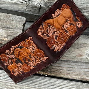Carteira masculina de couro estilo western feita à mão - design equestre