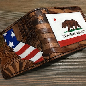 手作りのメンズレザーウォレット / カリフォルニアをテーマにしたデザイン