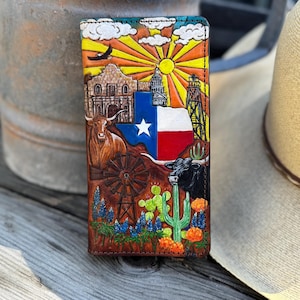 Custom State Themed Long Wallet / Texas Themed Handmade Tooled Long Wallet / Personanized Wallet