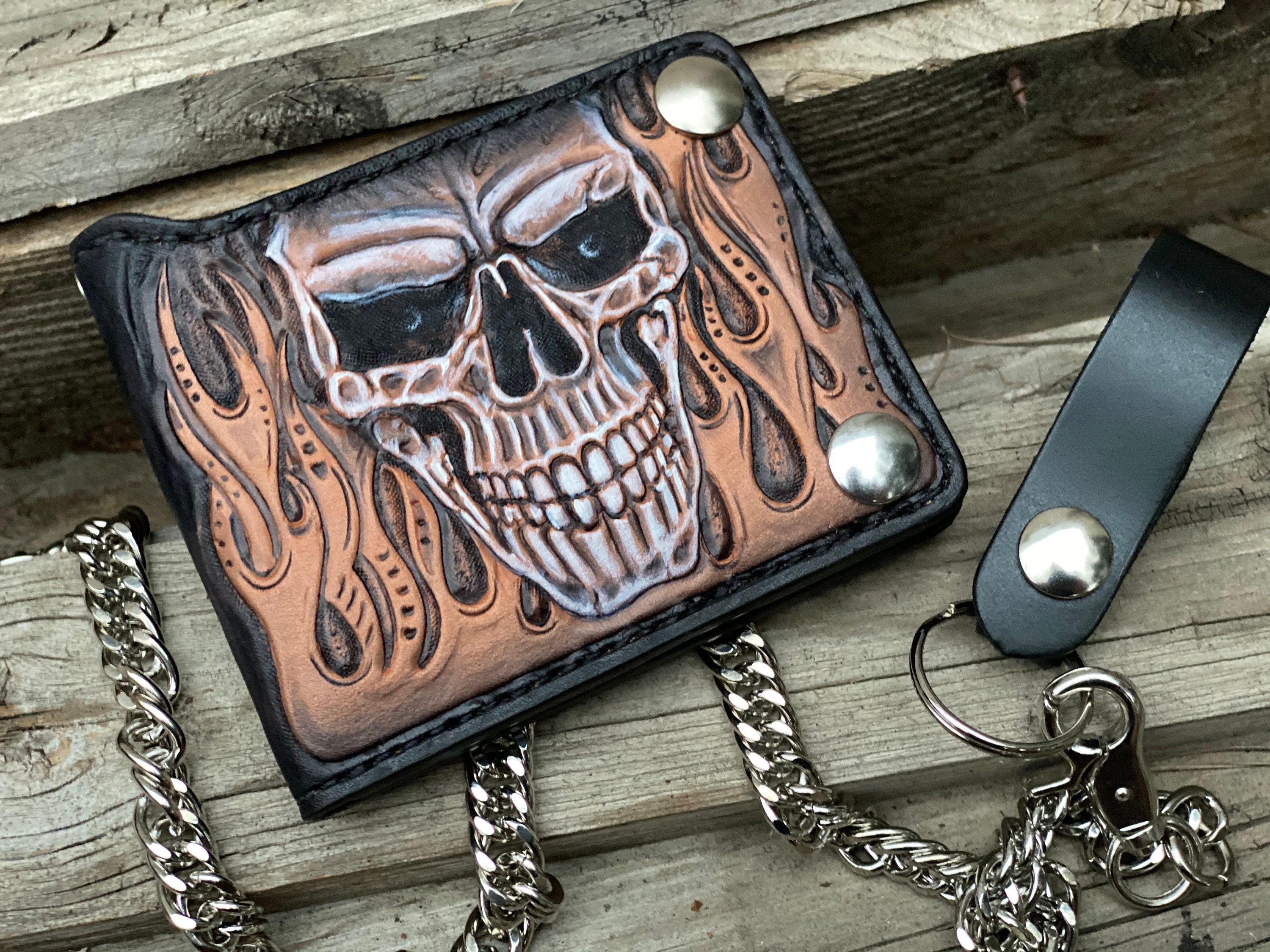 Skull and Flames Leather Biker Wallet - CHRISTOPH JOSEPH LEATHER