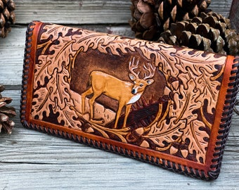 Outdoorsman Tooled Laced Long Wallet with Buck Design