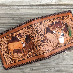 Cartera plegable de cuero para hombre, con cordones, hecha a mano, con temática de ciervo