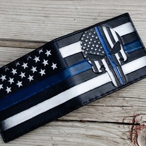 Punisher Blue Lives Matter Custom Leather Bifold Wallet / Hand-Made / Hand-Tooled