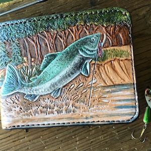 Cartera de diseño clásico de pesca/Cartera de cuero hecha a mano/Pintada a mano/Tallada a mano/Hecha a mano