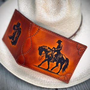 Cowboy Western Deluxe Bifold / Cowboy and Horse Design / Premium laser engraved leather wallet / Western Stitching /Handmade in the USA