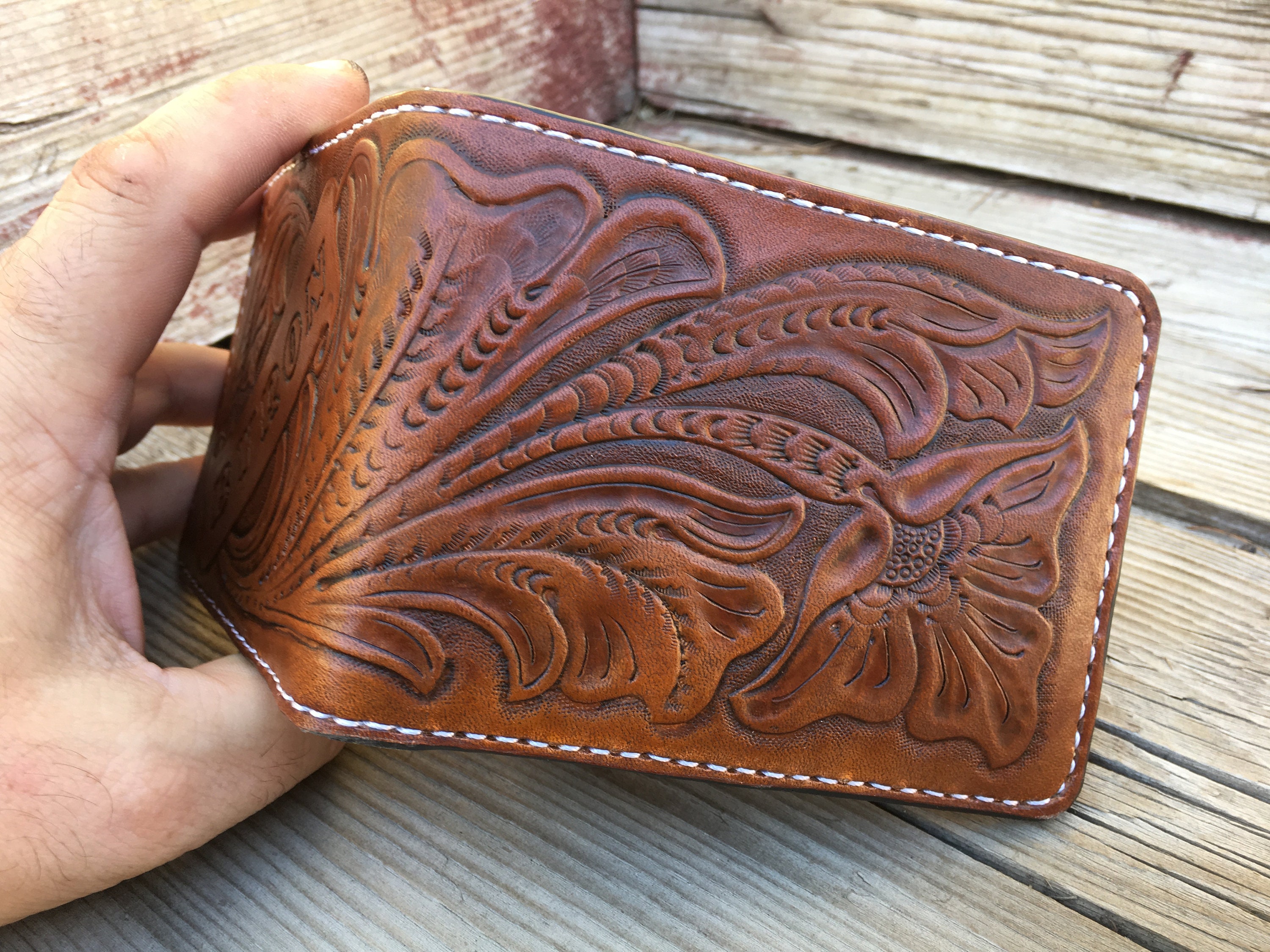Traditional Western Floral Tooled Carved Laced Bifold Leather - Etsy ...