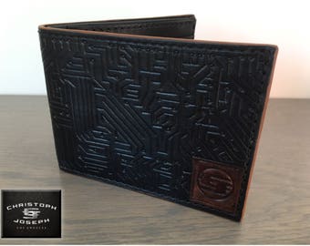 Circuit Board Pattern Bi-fold Wallet / Handmade / Designer Wallet / Premium Italian Calf Leather / Tooled Wallet / by Christoph Joseph