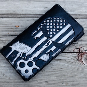 Cartera de motociclista con bandera estadounidense de Punisher, estilo Desert Eagle, hecha a mano, con herramientas manuales, cartera con cadena personalizada