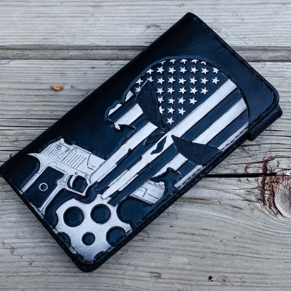 Punisher American Flag Desert Eagle Biker Wallet / handmade / handtooled / Custom Chain Wallet