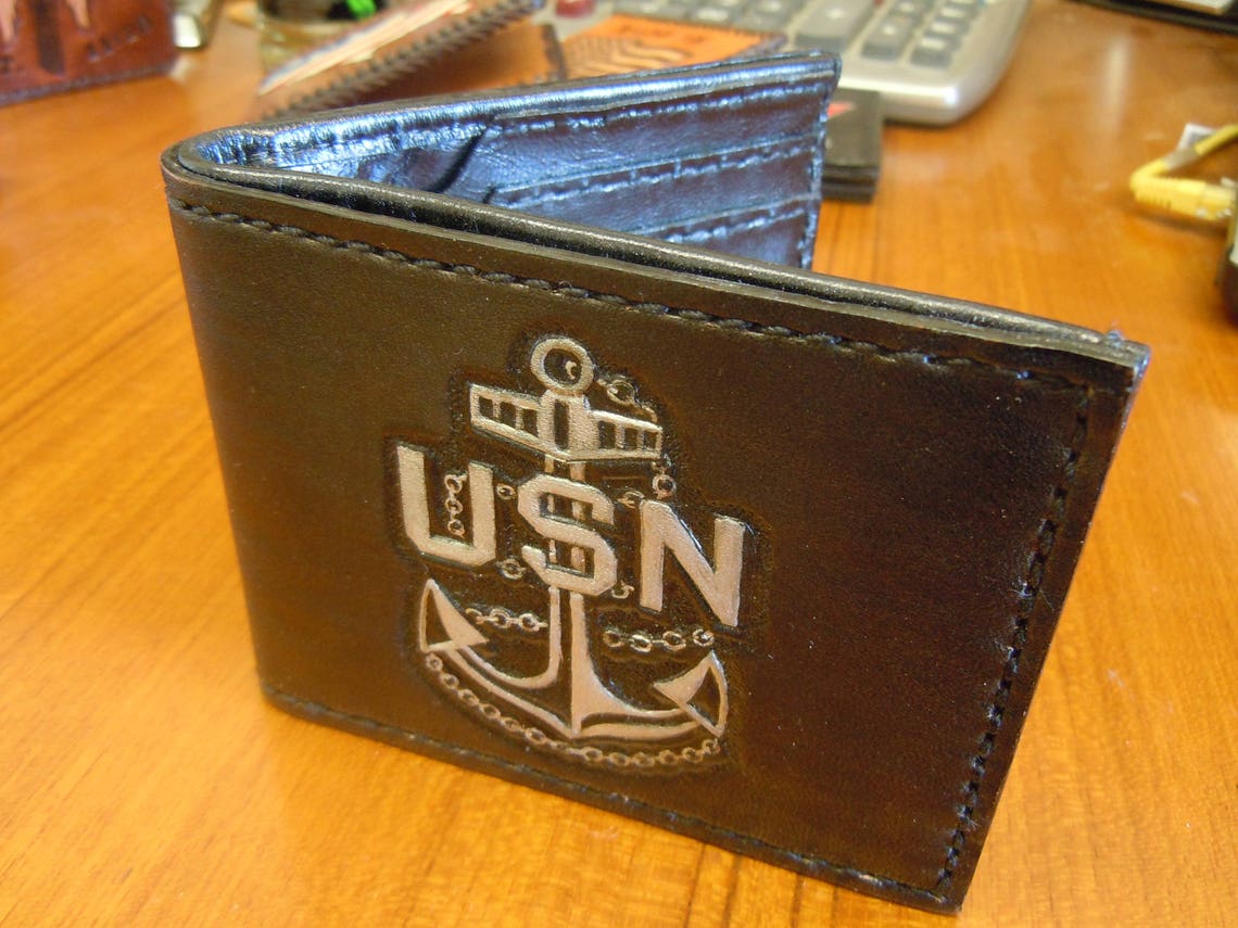 Hand Tooled Black Leather Wallet US Navy Logo Etsy