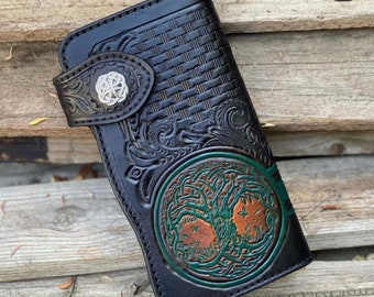 Tree Of Life Themed/ Floral/ Celtic/ Weave Pattern/ Leather Wallet/Long Wallet/ Biker Wallet