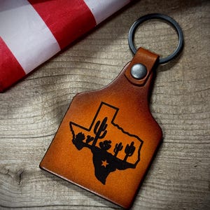 Texas Pride Engraved leather  Keychain - double side cow tag style . Made in America