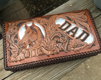 Hand Tooled/Hand Craved/Laced Leather Roper Wallet- Equestrian Theme