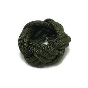 May include: A dark green paracord knot tied into a round shape. The knot is made of a thick, durable cord and has a small hole in the center.