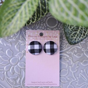 Fabric button earrings in gingham.