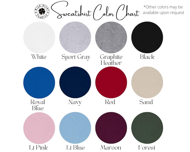 Op de afbeelding: Sweatshirt kleurenkaart met 12 verschillende kleurstalen. De kleuren omvatten wit, sport grijs, grafiet melange, zwart, koninklijk blauw, marineblauw, rood, zand, licht roze, lichtblauw, bordeauxrood en bosgroen.