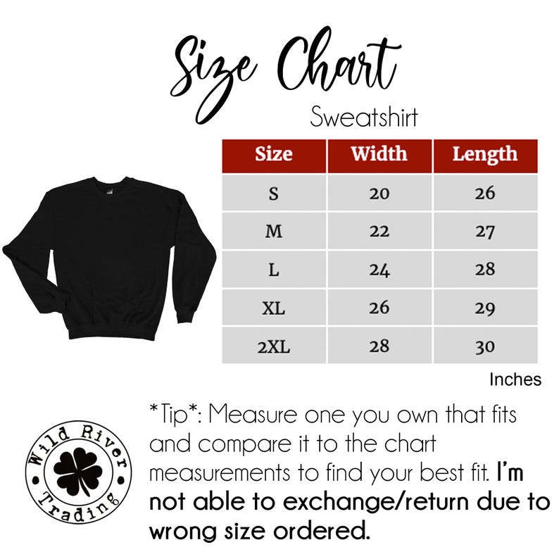 Op de afbeelding: Maattabel voor een sweatshirt met metingen in inches. De tabel toont maten S, M, L, XL en 2XL met bijbehorende breedte- en lengtemetingen. De tabel staat op een witte achtergrond met rode randen.